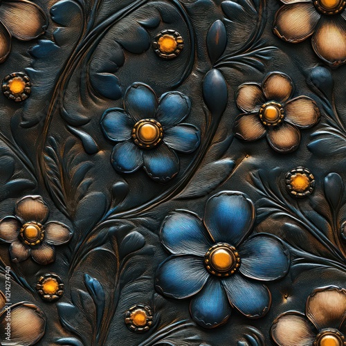 Seamless decorative embossed leather flowers decor pattern
