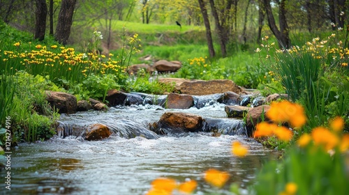 A vibrant spring nature scene with a flowing stream, flowers blooming, and birds singing in the trees