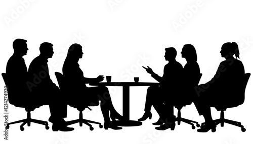 Silhouetted people discussing around a round table