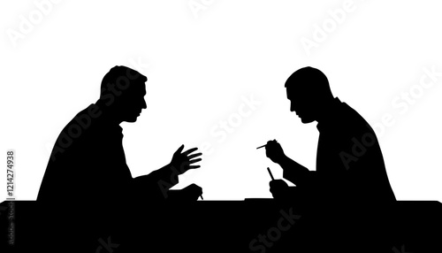 Silhouetted men discussing ideas at a table