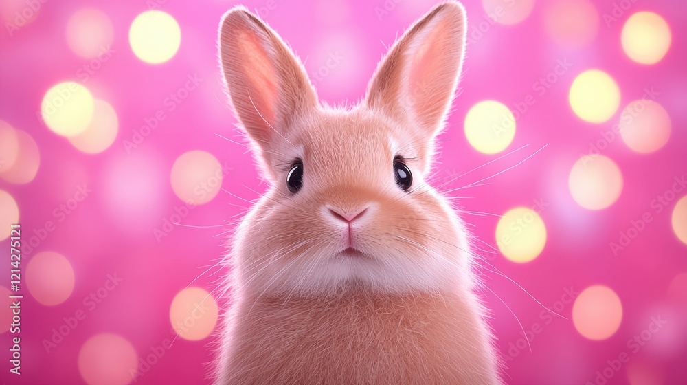 Obraz premium Adorable Fluffy Bunny Rabbit Close Up on Pink Bokeh Background