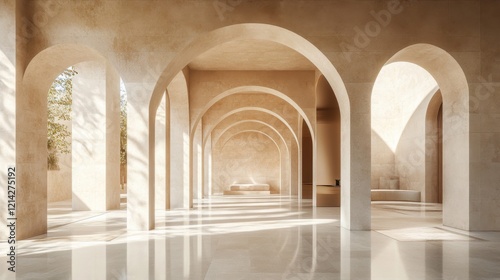 Sunlit Stone Archway Corridor in Minimalist Building