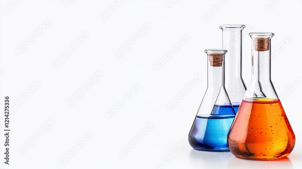 Laboratory flasks with vibrant blue and amber liquids on a pristine white background showcasing scientific exploration and chemistry Laboratory flasks with vibrant blue and amber liquids on a pristine white background showcasing scientific exploration and chemistry