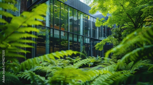 Outdoor view of a contemporary office building surrounded by greenery