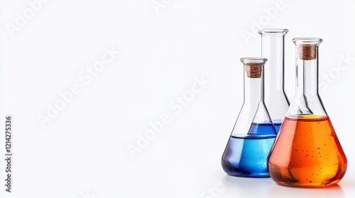 Laboratory flasks with vibrant blue and amber liquids on a pristine white background showcasing scientific exploration and chemistry photo