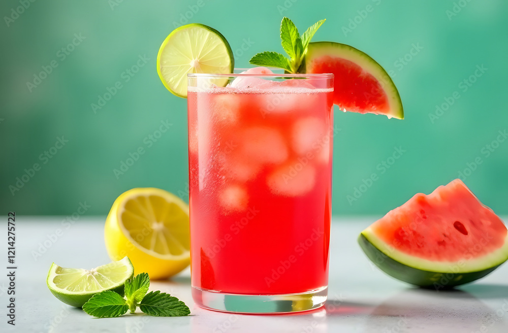 Ice cold homemade lemonade or cocktail with mint, watermelon and fruits on a sunny table, refreshing summer drink recipe, detox diet and weight loss concept, menu for restaurant, selective focus. Ice cold homemade lemonade or cocktail with mint, watermelon and fruits on a sunny table, refreshing summer drink recipe, detox diet and weight loss concept, menu for restaurant, selective focus.