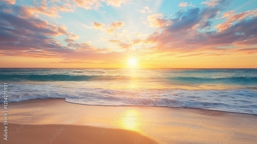 A vibrant sunrise over a serene beach, with the sun just peeking above the horizon. A vibrant sunrise over a serene beach, with the sun just peeking above the horizon.