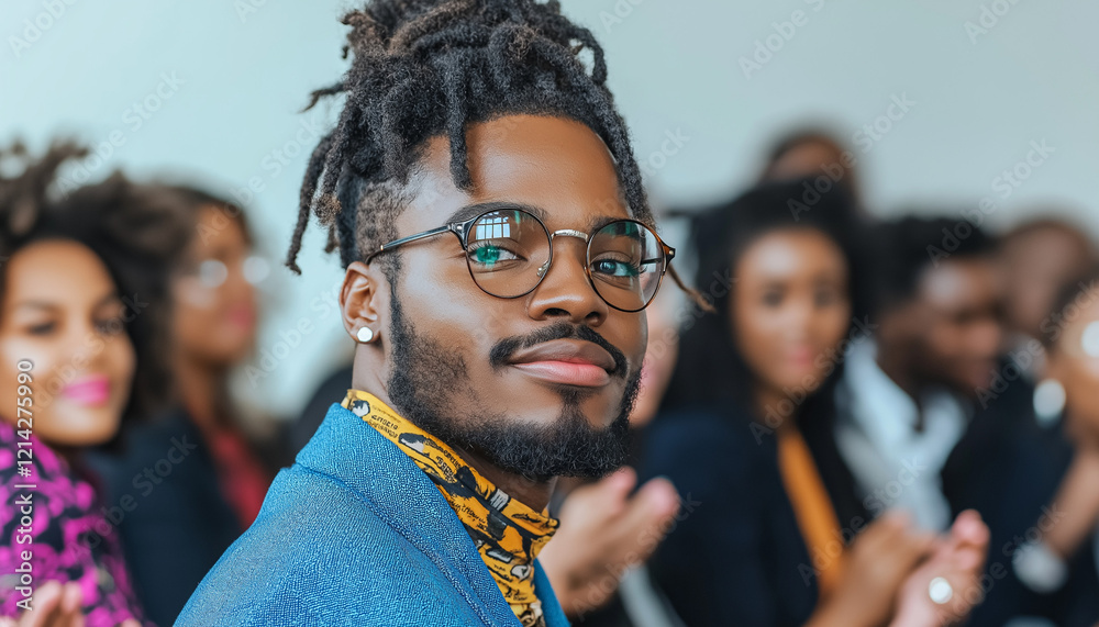 Obraz premium -Joyful Woman with Curly Hair and Blue Blazer in Front of Applauding Crowd – Celebratory Indoor Event Scene with Smiling Attendees