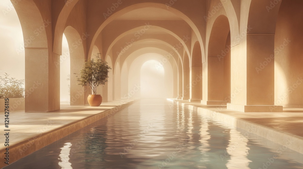 Obraz premium Serene Poolside Hallway with Warm Sunlight and Mist
