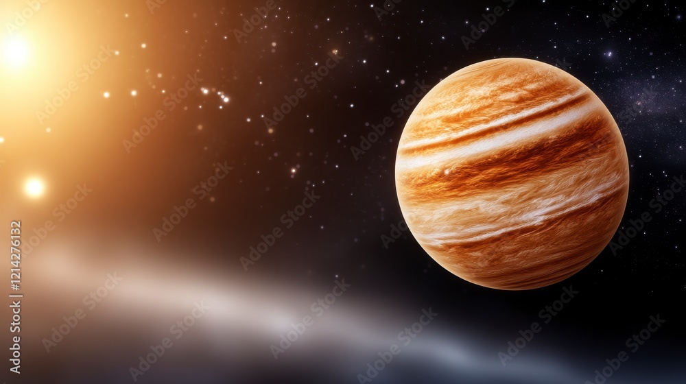 Majestic Jupiter surrounded by dark cosmic expanse showcasing vibrant cloud bands and twinkling stars in the vast universe Majestic Jupiter surrounded by dark cosmic expanse showcasing vibrant cloud bands and twinkling stars in the vast universe