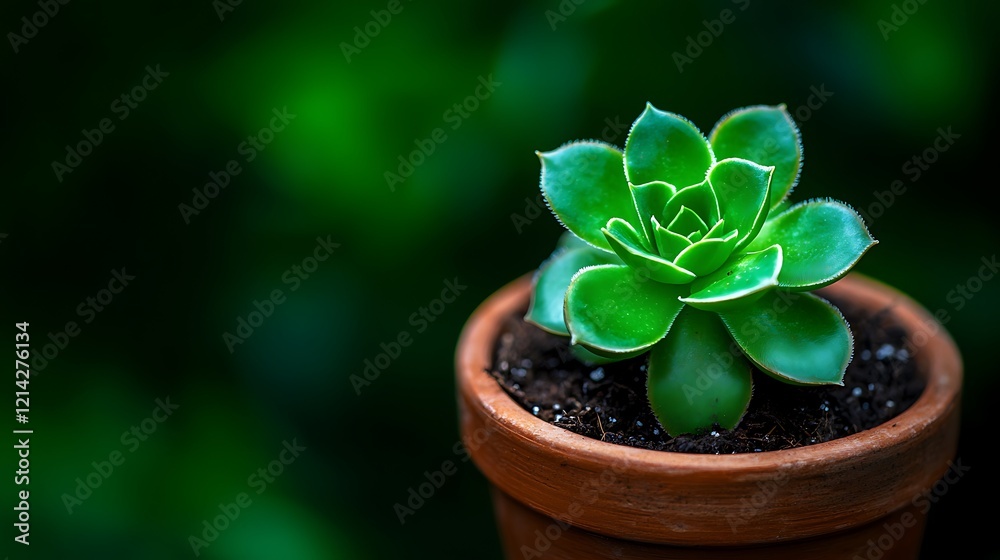 Naklejka premium Green succulent in terracotta pot, garden background, plant care