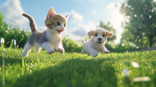 草原で追いかけっこを楽しむ子猫と子犬の元気な姿