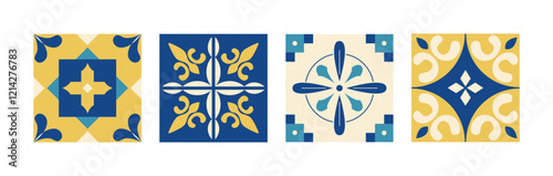 Traditional Mediterranean blue and yellow tiles. Abstract geometric patterned background. Italian, Portuguese, Spanish, Moroccan style. Mosaic. Vector illustration.