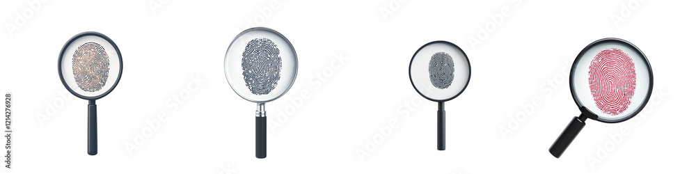 Four magnifying glasses displaying different patterns or textures, emphasizing detail and observation.