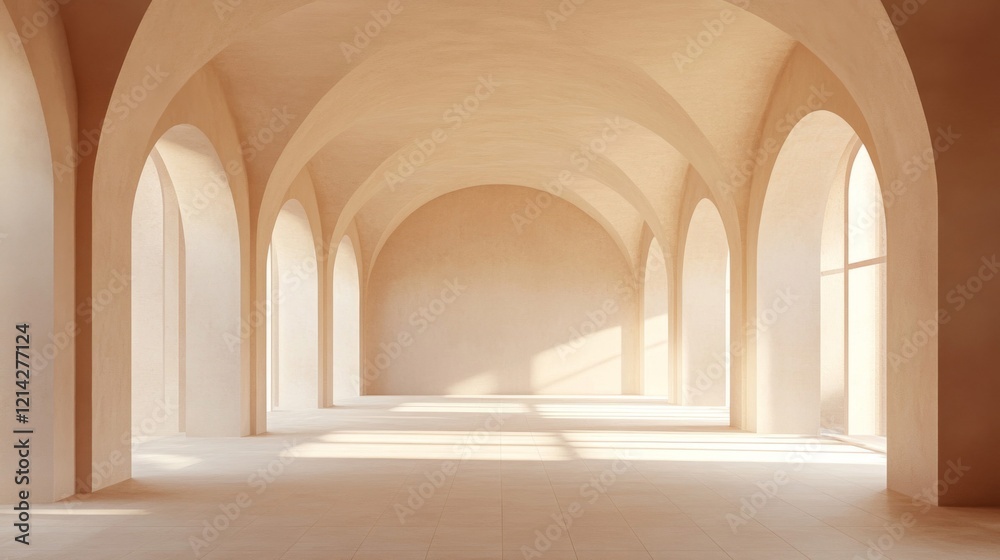 Fototapeta premium Sunlit Hallway with Vaulted Ceilings and Archways