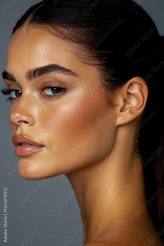 Fototapeta premium A woman with long dark hair and a ponytail in her hair