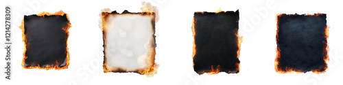 Four burnt paper sheets with charred edges, varying in color and texture, displaying damage from fire.