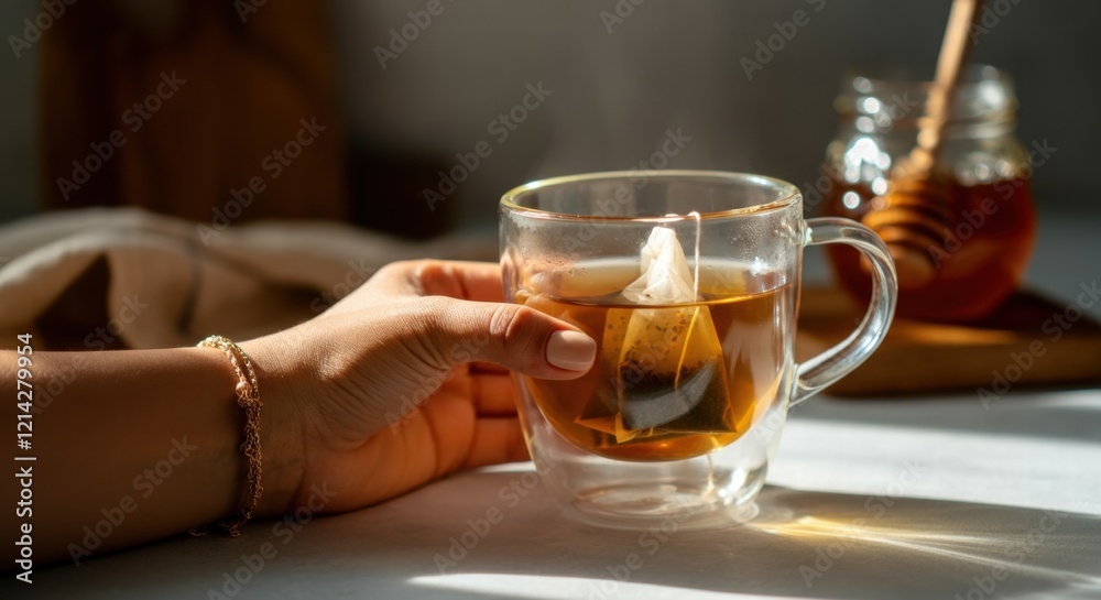 Female hand holding cup of herbal tea with honey in sunlit kitchen Female hand holding cup of herbal tea with honey in sunlit kitchen