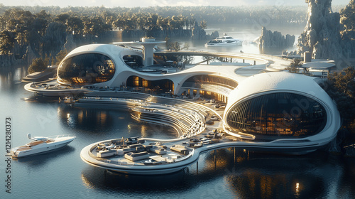 Futuristic waterfront villa with organic architecture, luxury design, yachts, and scenic natural surroundings at sunset
