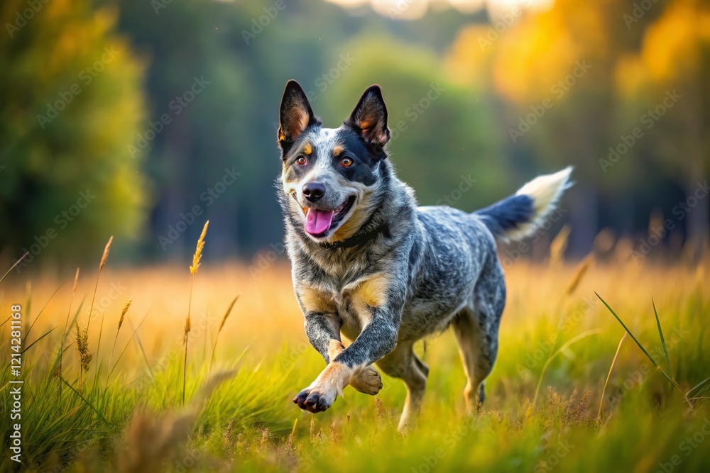 Energetic Blue Heeler Dog Running Free in Open Field - Stock Photo Energetic Blue Heeler Dog Running Free in Open Field - Stock Photo