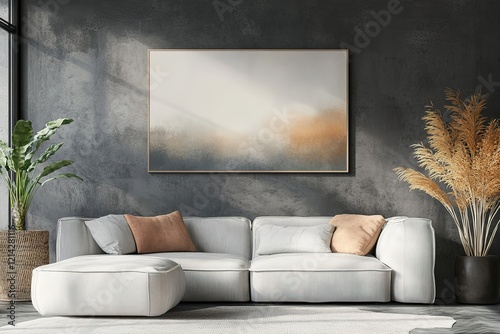 Horizontal picture frame mock up in modern living room interior