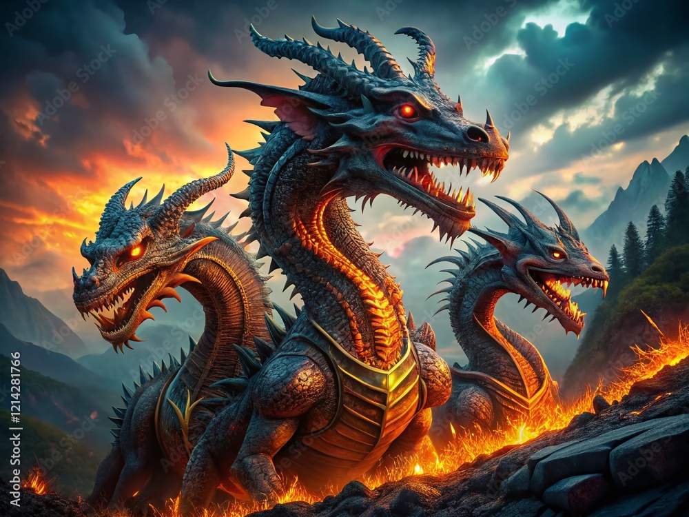 Epic Drone Shot: Lernaean Hydra Dragon in Dramatic Low Light Landscape Epic Drone Shot: Lernaean Hydra Dragon in Dramatic Low Light Landscape