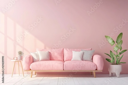 Interior design of modern scandinavian apartment, living room and dining room, panorama