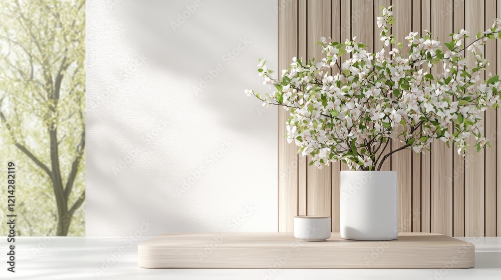 Fototapeta premium Spring blossoms in minimalist room, sunlight, wooden wall, calm scene, interior design