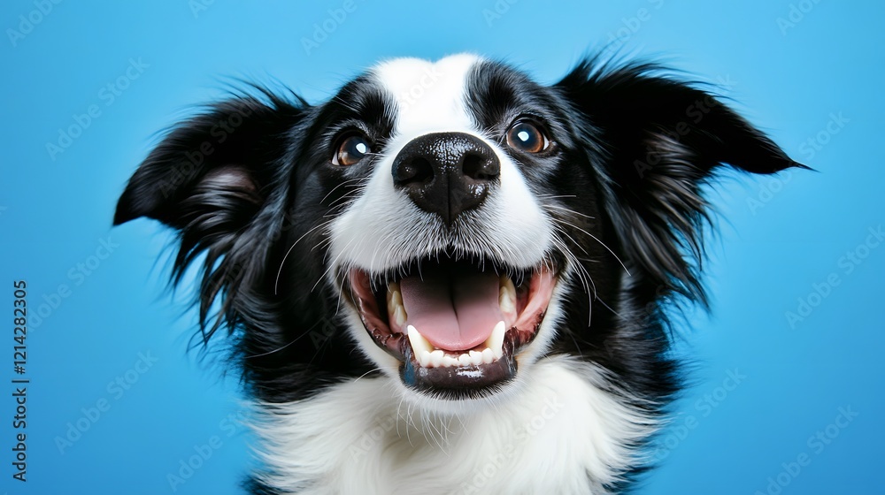 Fototapeta premium Happy Border Collie Dog Portrait Against Blue Background
