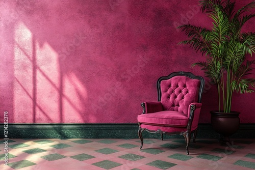 interior design for living area or reception with deep pink wall , armchair