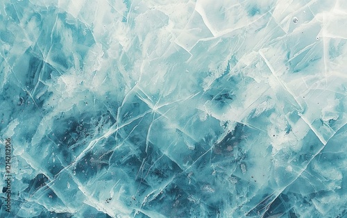 Closeup of glacier texture, slowly moving floating big ice piece in cold Antarctica or Norway, drone view. Top perspective, bird eye view. Frozen North pole iceberg landscape, winter sea, copy space
