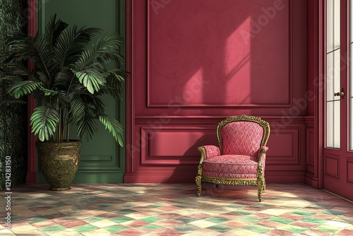 interior design for living area or reception with deep pink wall , armchair