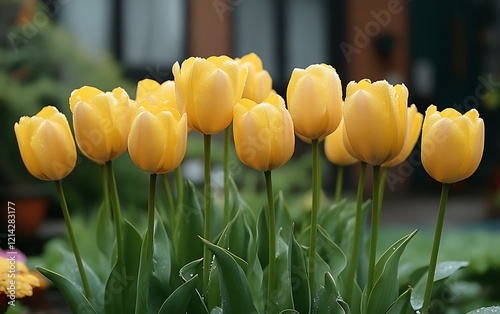 Cluster of yellow tulips in garden.