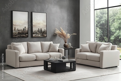 Gray walls, a concrete floor, a beige sofa next to a black