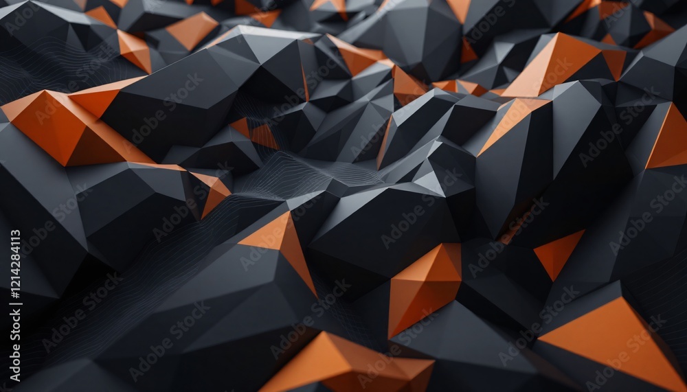 Fototapeta premium Abstract Low Poly 3D Render: Black and Orange Geometric Shapes