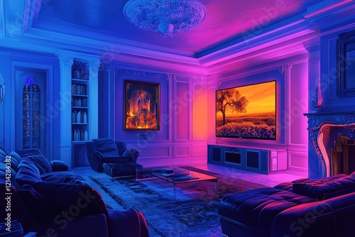 Home cinema, living room with colored LED lighting - Smart home. AI