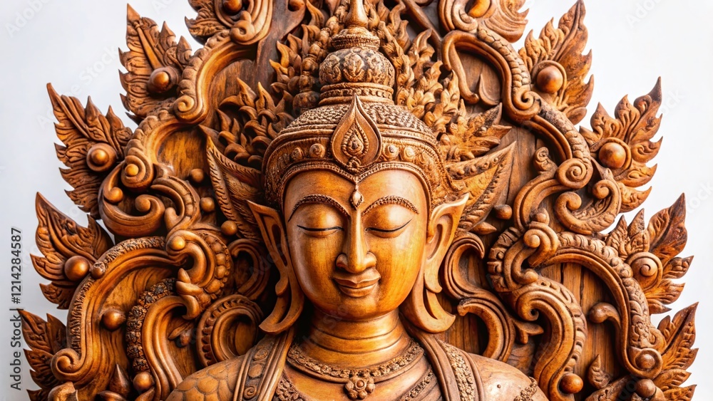 Obraz premium Exquisite Traditional Thai Wooden Sculpture, Isolated on White Background