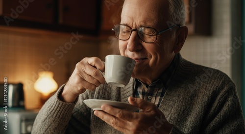 Elderly caucasian man enjoying coffee at home kitchen