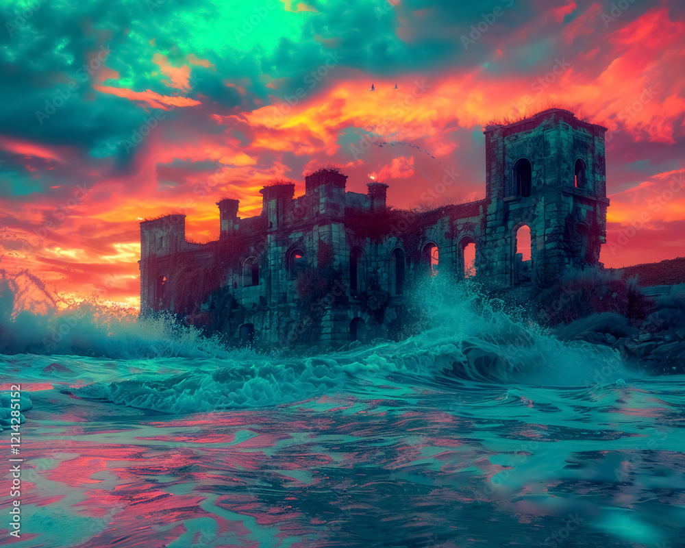 Fototapeta premium Ancient sea ruins with glowing sunset, waves crashing, vibrant colors