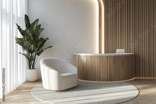 interior design for living area or reception with white wall , armchair,cabinet