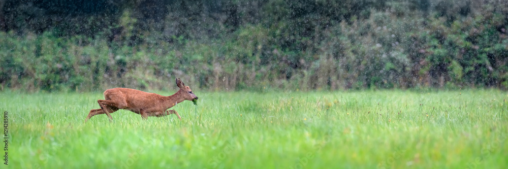 Fototapeta premium young roe deer buck eating a bramble leaf and running in the rain near a hedgerow in a clearing. Capreolus capreolus, Touraine, Indre et Loire 37, région Centre-Val-de-Loire, France, European Union