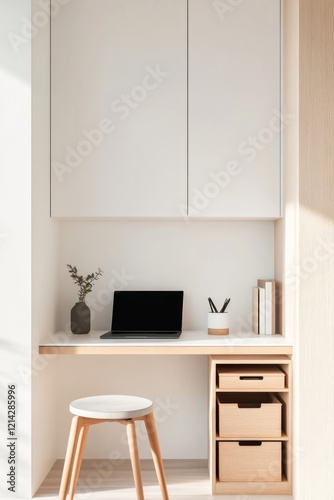 stylized 3d render of tiny home workspace with laptop organized storage and creative layout making of compact spaces