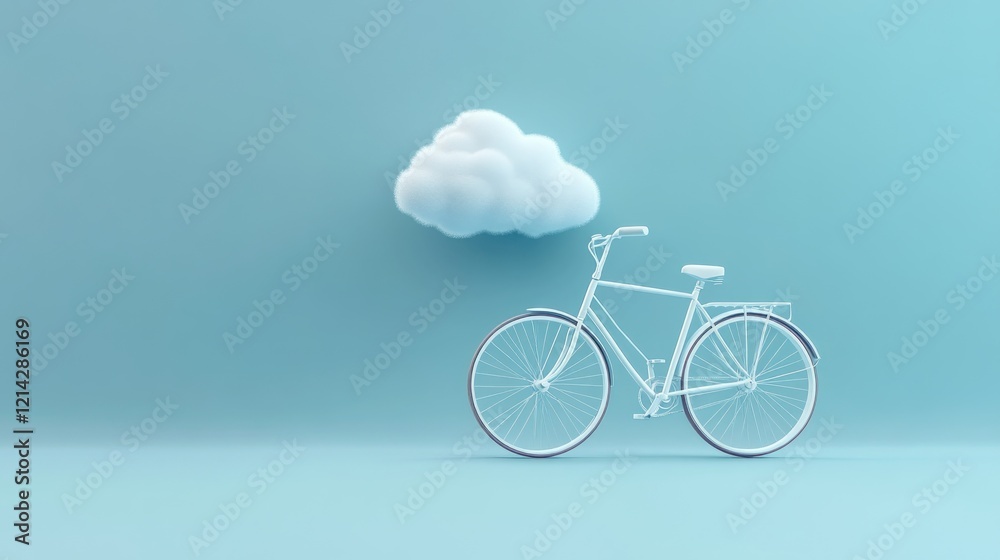 Fototapeta premium White bicycle under a fluffy cloud, blue background; travel, leisure concept