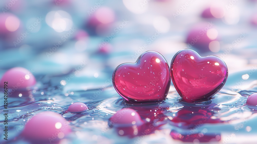 Two Pink Glass Hearts Floating on Water with Pink Bubbles Romantic Love Concept Two Pink Glass Hearts Floating on Water with Pink Bubbles Romantic Love Concept