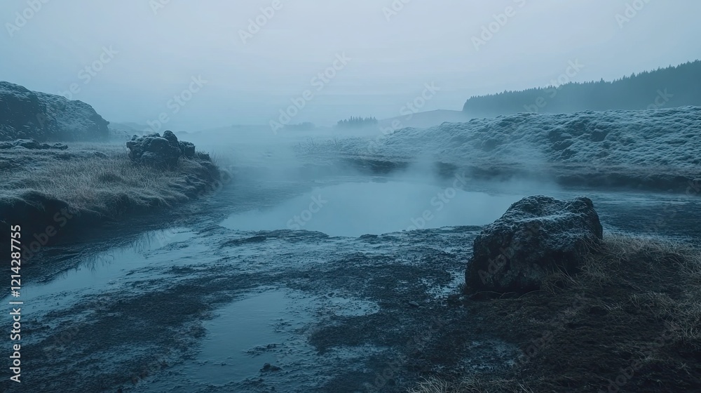 Obraz premium Misty Icelandic geothermal spring, volcanic landscape, early morning fog. Travel, nature photography.