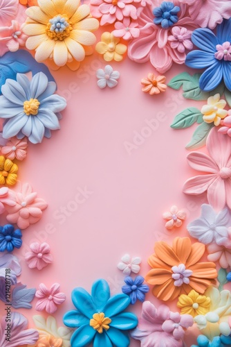 Pastel tone background with colorful plasticine flowers. and space for text.