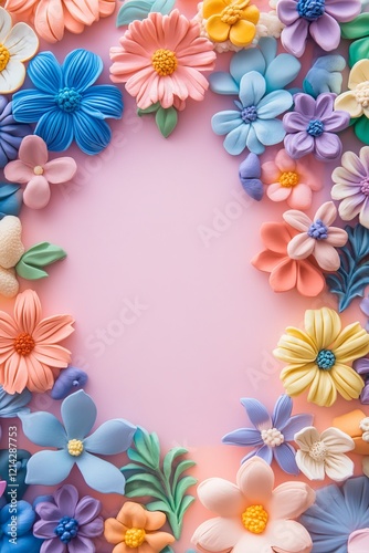 Pastel tone background with colorful plasticine flowers. and space for text.