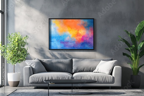 Horizontal picture frame mock up in modern living room interior