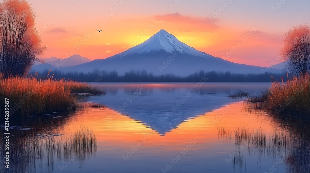 Naklejka premium Serene sunrise over snow-capped mountain reflected in calm lake.
