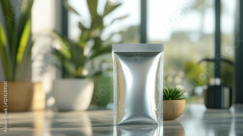 Silver liquid soap refill pouch, lying on a bathroom counter with blurred potted plants and decorative soap dishes. photo